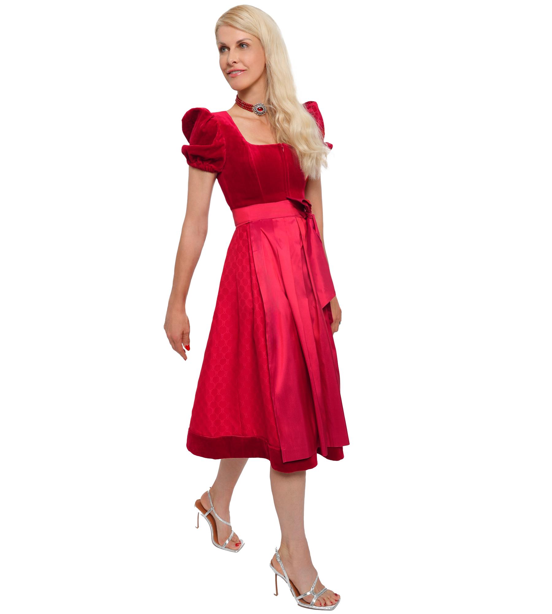 Samtdirndl Mona in Rot mit Puffarm