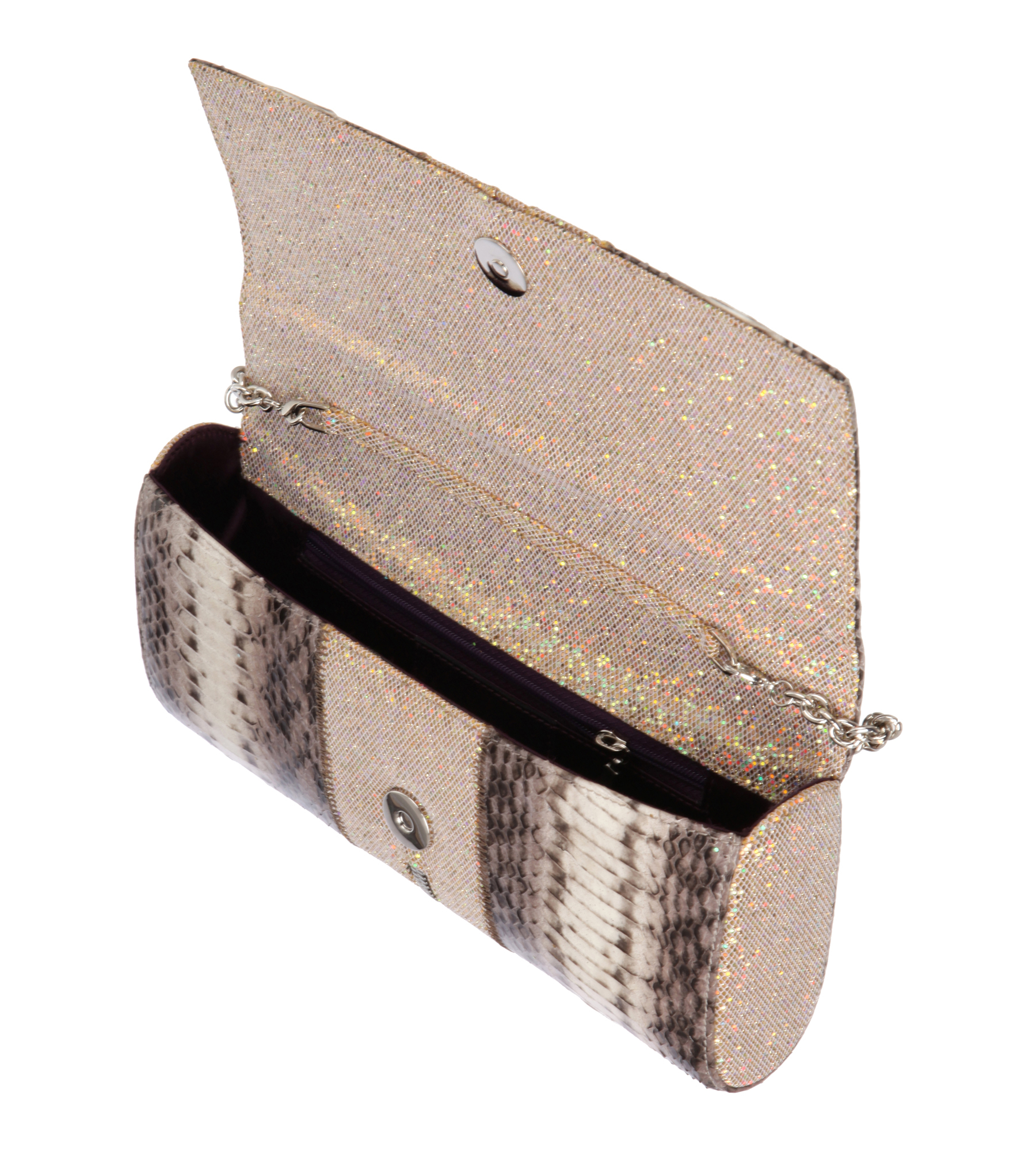 Glitzer-Clutch mit Schlangenprint