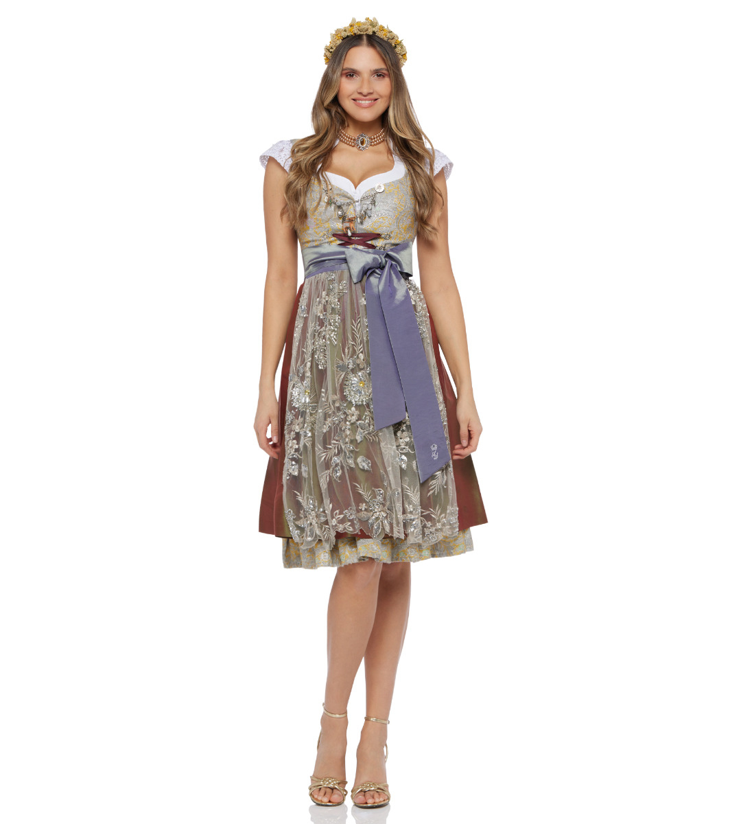 Brokat-Dirndl in Silber/Gold mit Spitzenschürze