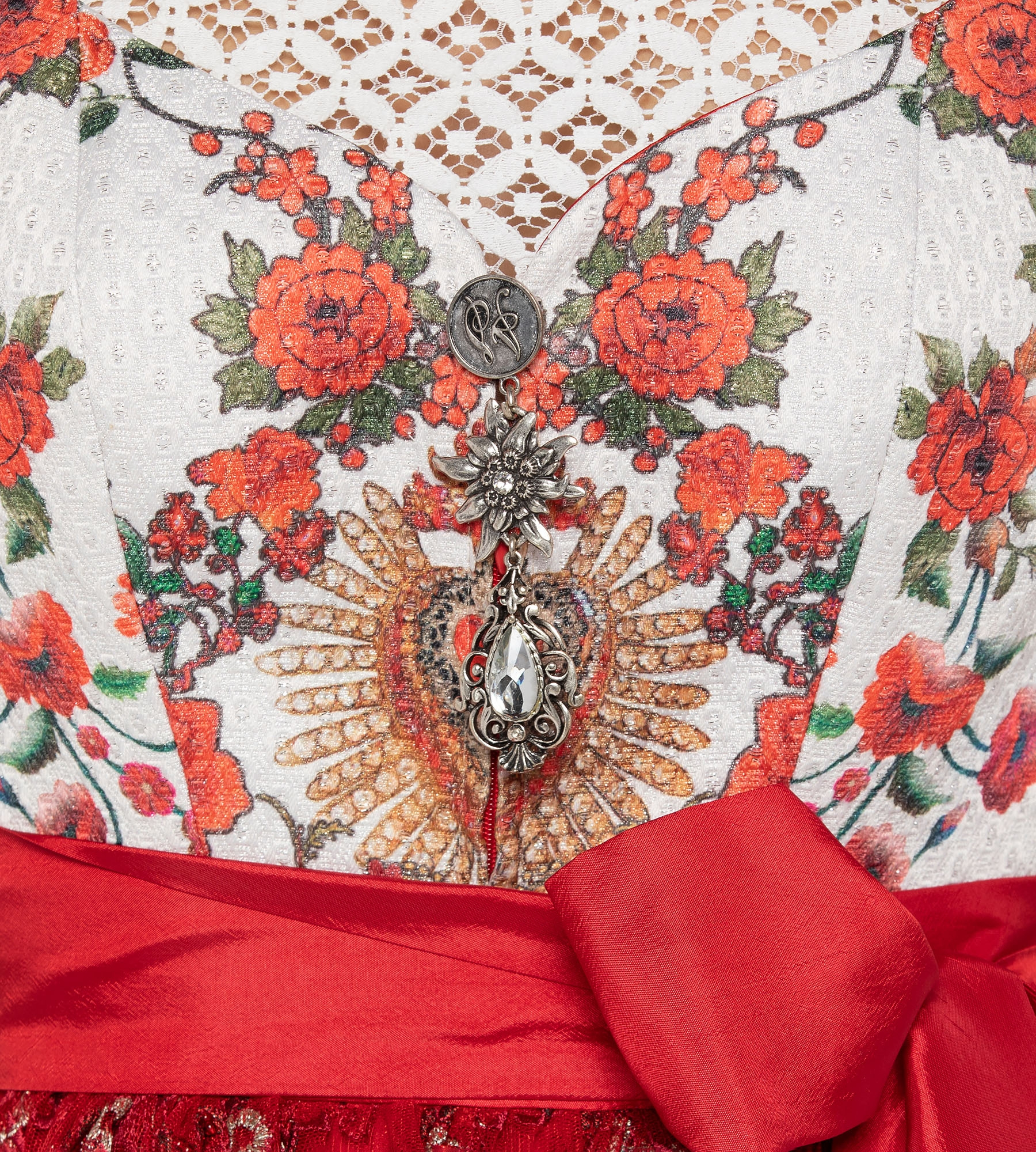  Dirndl mit Blumen in Weiss/Rot