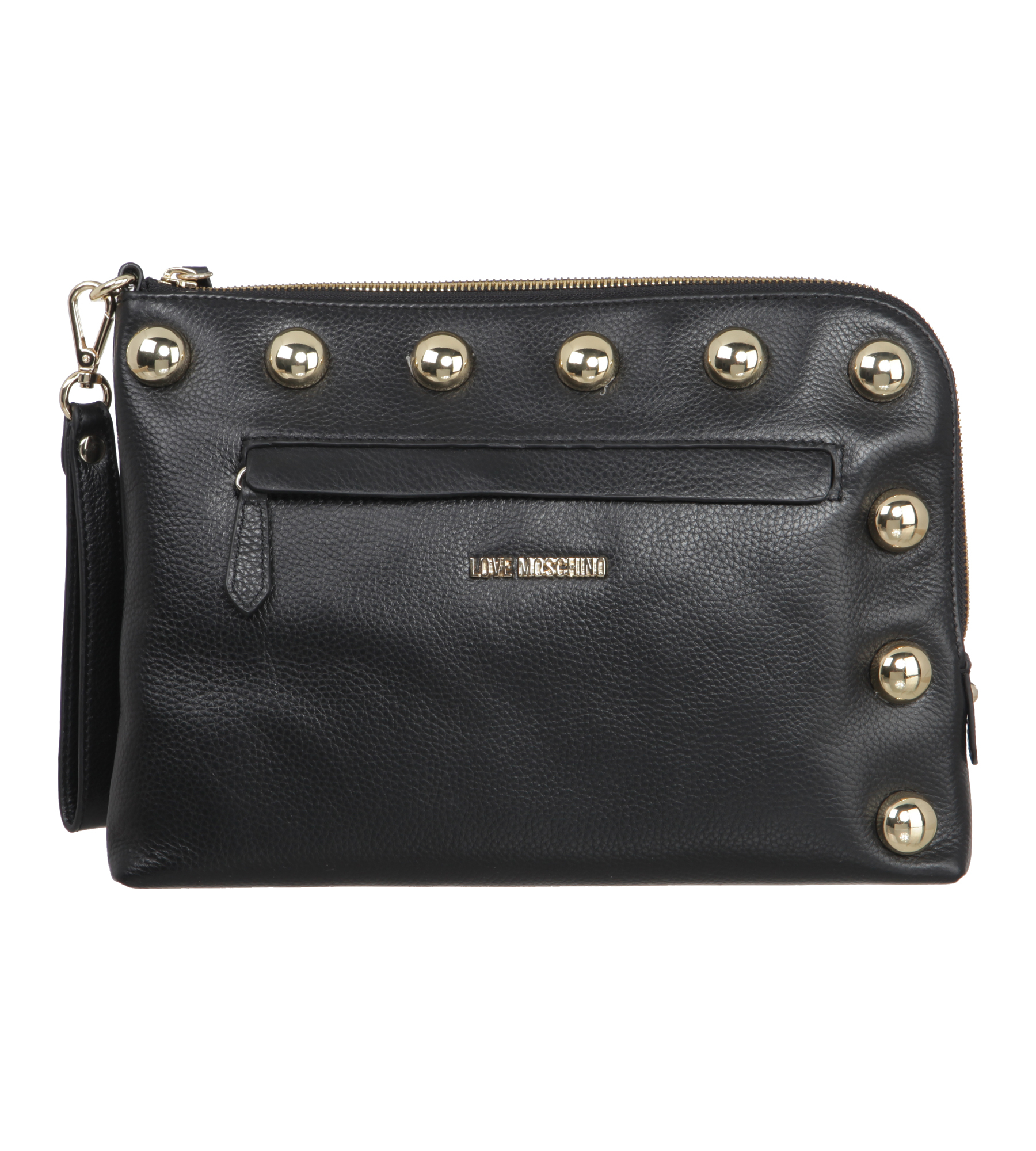 Lederclutch mit goldenen Nieten in Schwarz