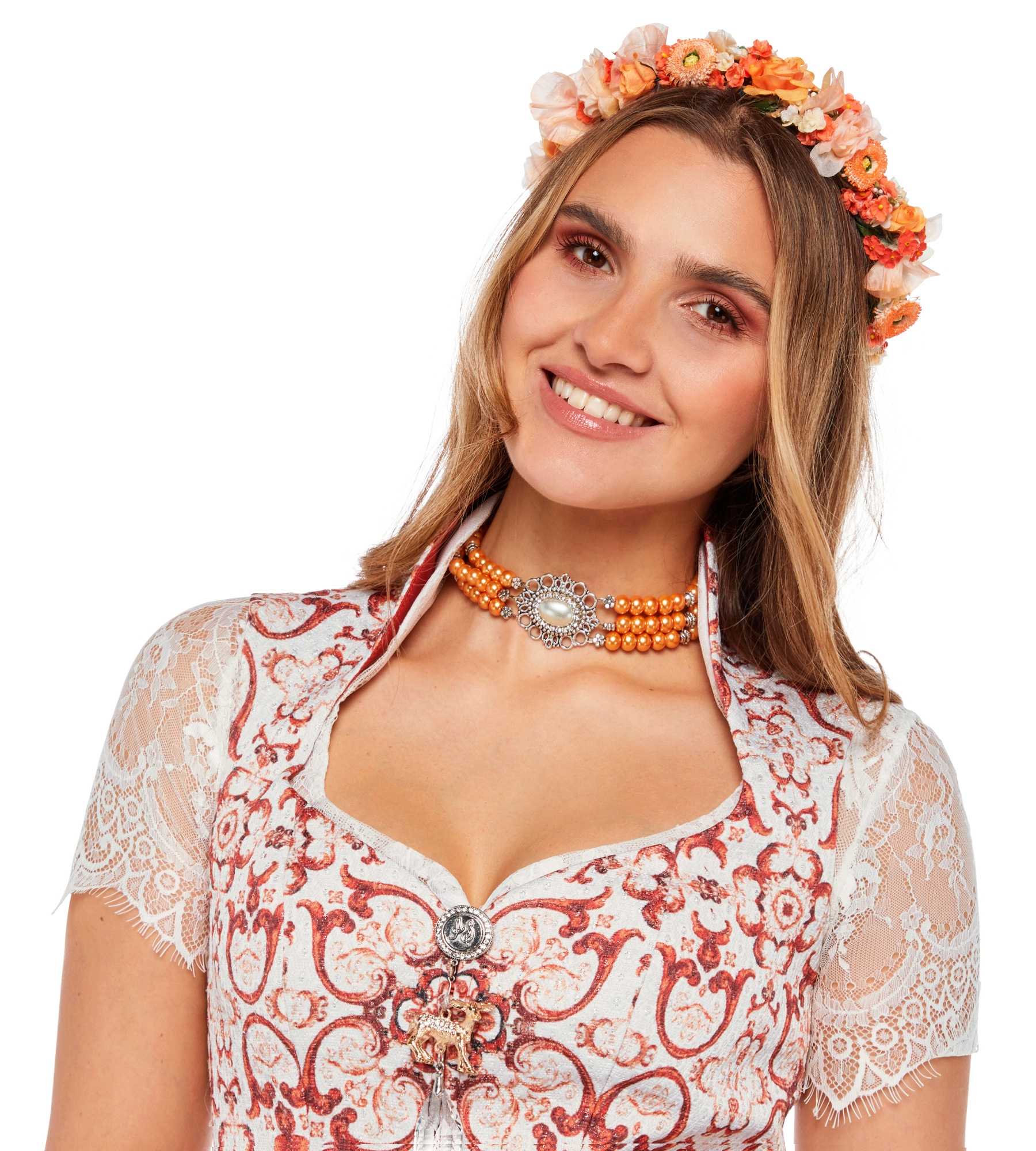 Perlenkette in Apricot mit Stein