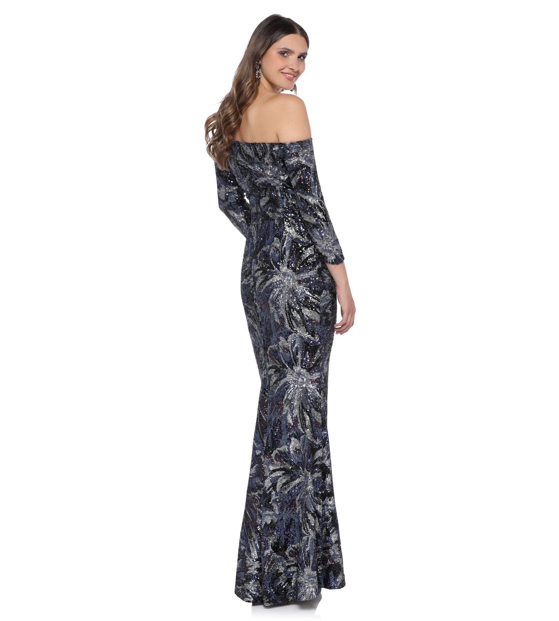 Carmenkleid mit blau-schwarzem Blumenprint