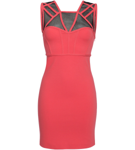 Coralfarbenes Cocktailkleid mit Mesh-Einsätzen