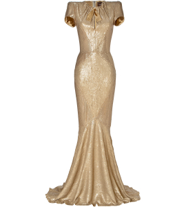 Bodenlange Abendrobe mit Schleppe in Gold