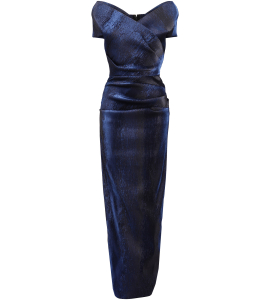 Schimmernde Abendrobe mit Carmen-Ausschnitt