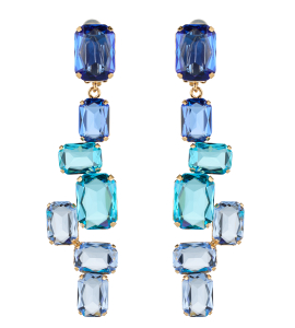 Lange Ohrclips mit Baguette Steinen in Blautönen