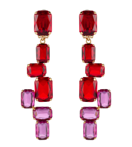 Lange Ohrclips mit Baguette Steinen in Rot-Pink