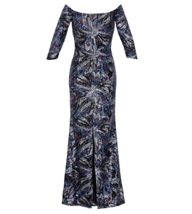 Carmenkleid mit blau-schwarzem Blumenprint