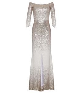 Carmenkleid mit gold-beigen Pailletten 