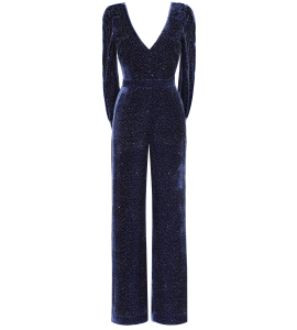 Jumpsuit aus blauem Samt mit Goldbesatz