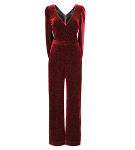 Jumpsuit aus rotem Samt mit Goldbesatz