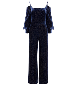 Blauer Samt-Jumpsuit mit Spaghetti-Trägern