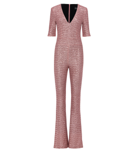  Exklusiver Paillettenjumpsuit mit V-Ausschnitt in Rosa