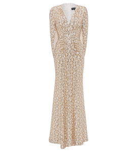 Paillettenkleid mit Raffung und Cape in Gold-Weiß