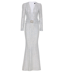 Paillettenrobe mit tiefem Ausschnitt in Holo-Silber