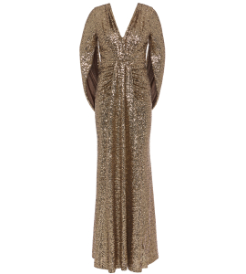 Paillettenkleid mit Raffung und Cape in Braun-Gold