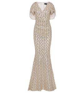 Abendkleid mit kleinem Capé in gold-weisser Paillette