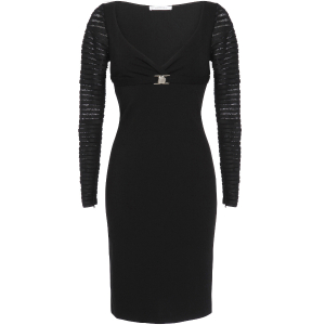 Schwarzes Cocktailkleid mit gestreiften Ärmeln