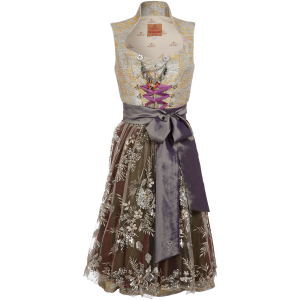 Brokat-Dirndl in Silber/Gold mit Spitzenschürze