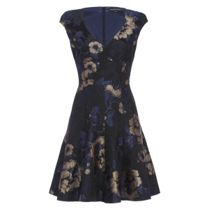 Brokatkleid mit Blumenprint in Blau